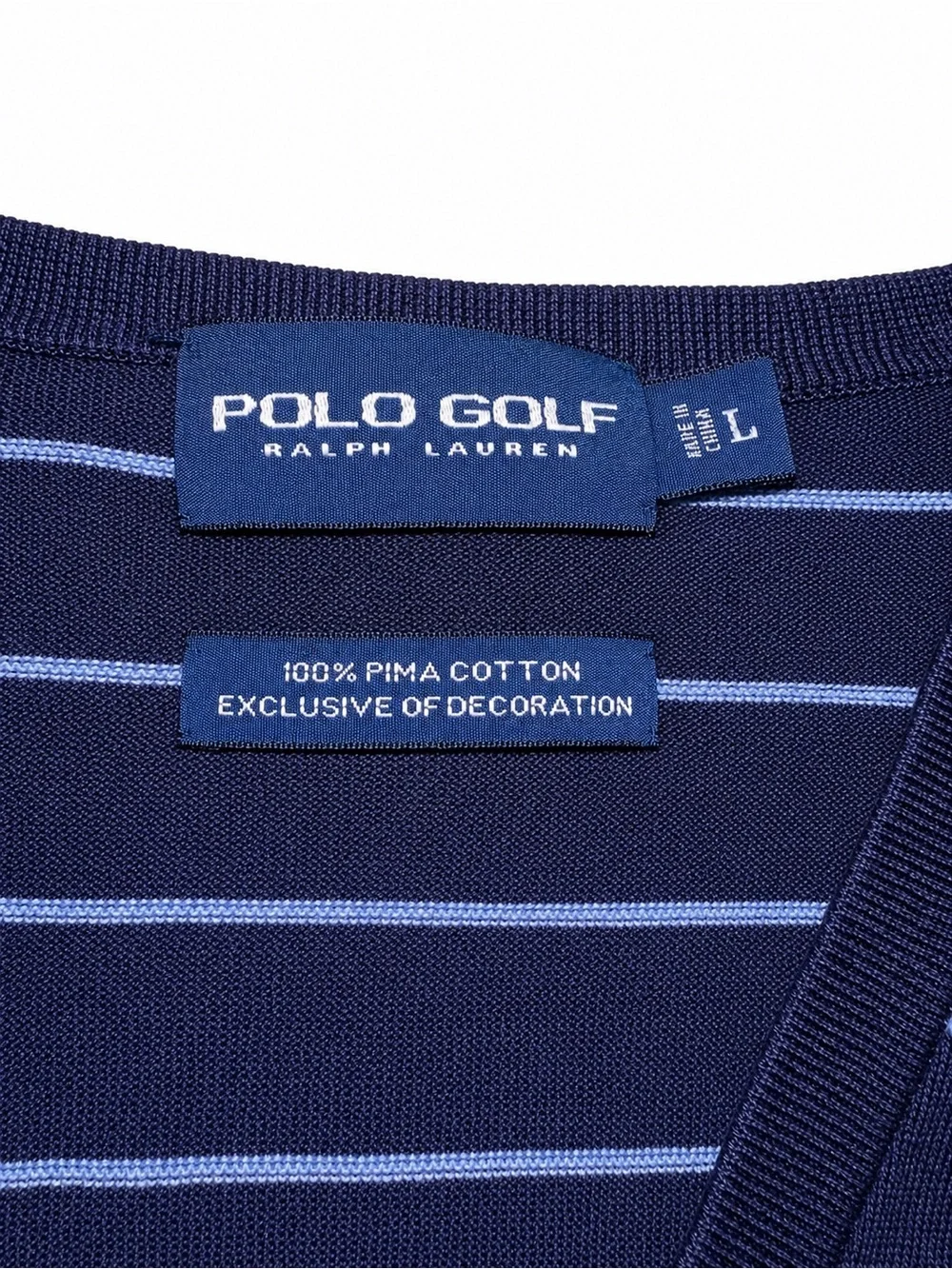 Ralph Lauren Navy V-Neck Sweater with Light Blue Stripes
